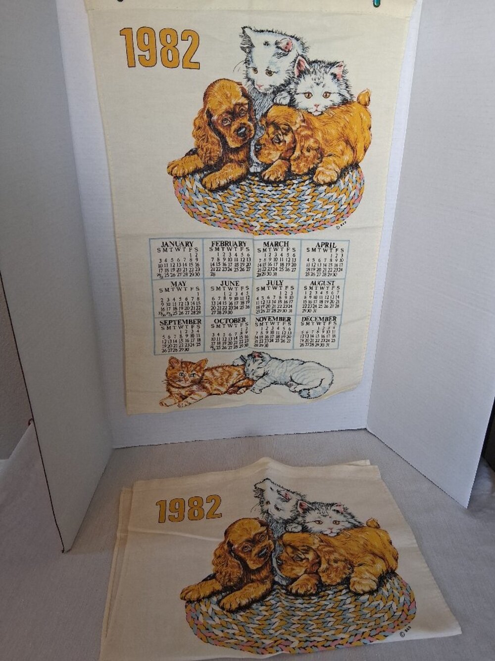 Vintage Cocker Spaniel Puppy Dog & Kitten Kitty Cat 1982 set Linen Tea Towels